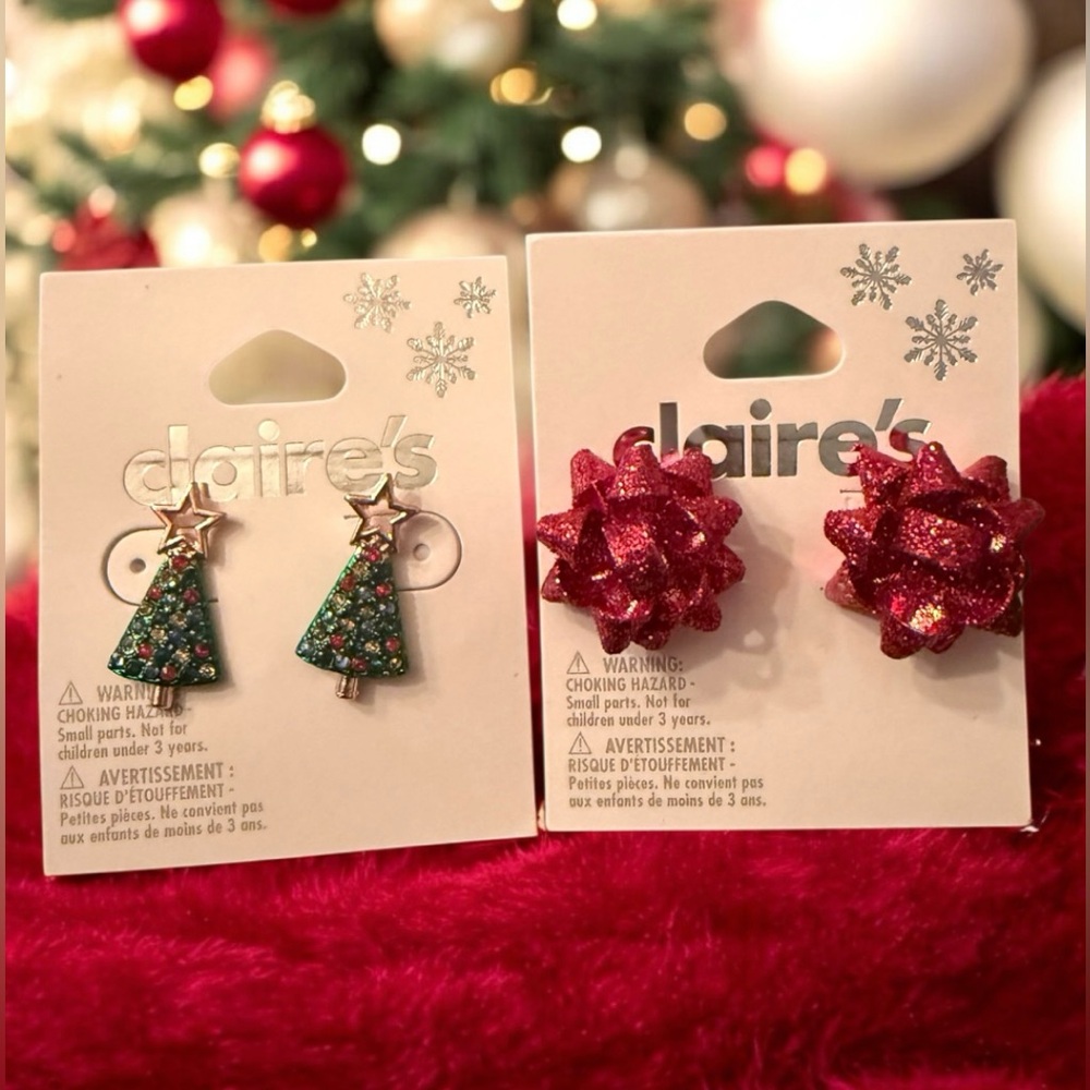 Claire’s Christmas Earrings Lot 2 NWT Tree Red Glitter Bow Holiday Jewelry